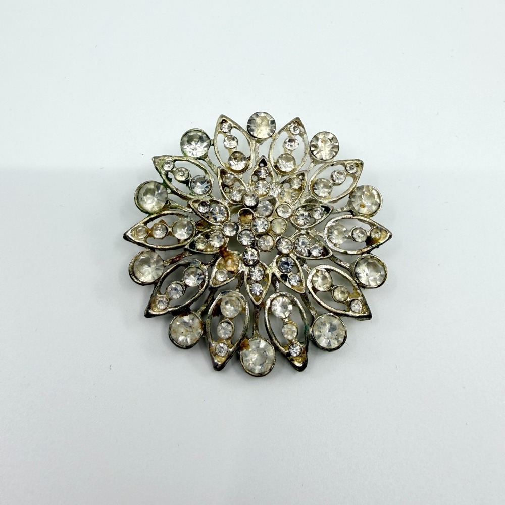 Vintage Silver Tone Rhinestone Snowflake Starburst Brooch Pin Mid Century